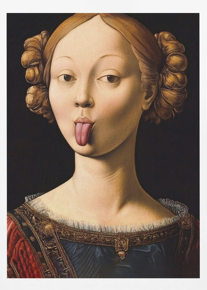 A Renaissance-style portrait of a woman with elaborate hair buns sticking her tongue out playfully. She wears a formal red and blue gown with gold trim against a stark black background. Poster