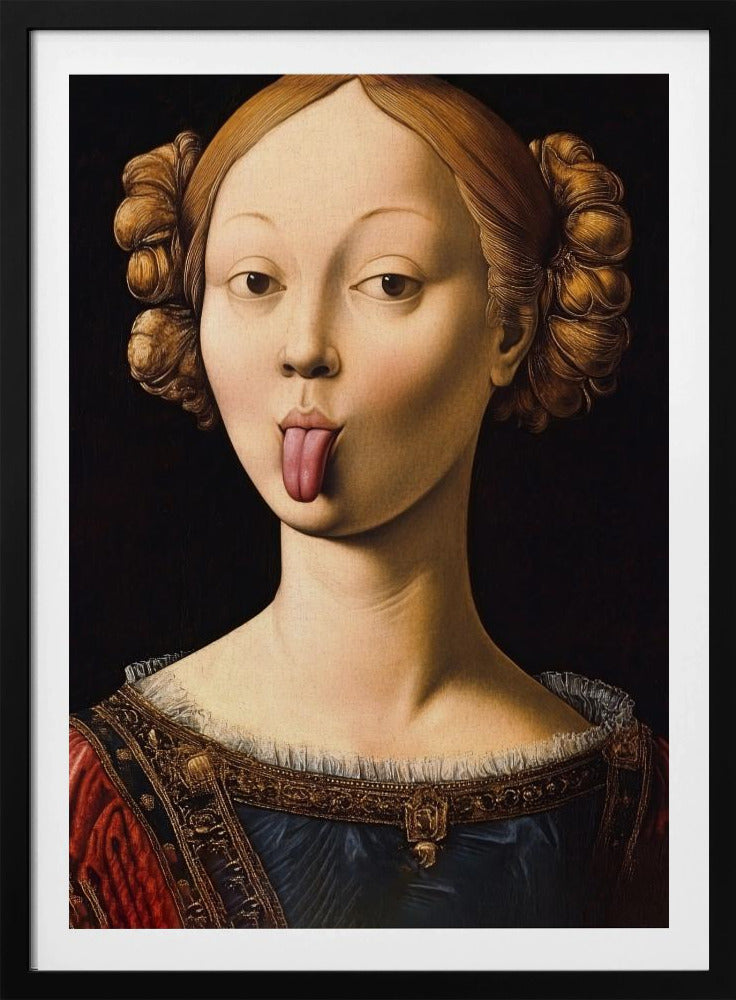 A Renaissance-style portrait of a woman with elaborate hair buns sticking her tongue out playfully. She wears a formal red and blue gown with gold trim against a stark black background. Poster