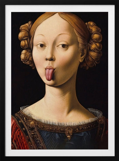A Renaissance-style portrait of a woman with elaborate hair buns sticking her tongue out playfully. She wears a formal red and blue gown with gold trim against a stark black background. Poster