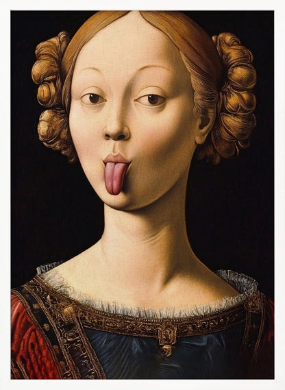 A Renaissance-style portrait of a woman with elaborate hair buns sticking her tongue out playfully. She wears a formal red and blue gown with gold trim against a stark black background. Poster