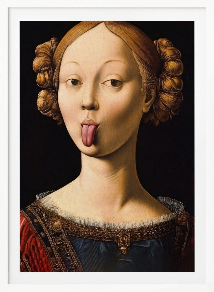 A Renaissance-style portrait of a woman with elaborate hair buns sticking her tongue out playfully. She wears a formal red and blue gown with gold trim against a stark black background. Poster