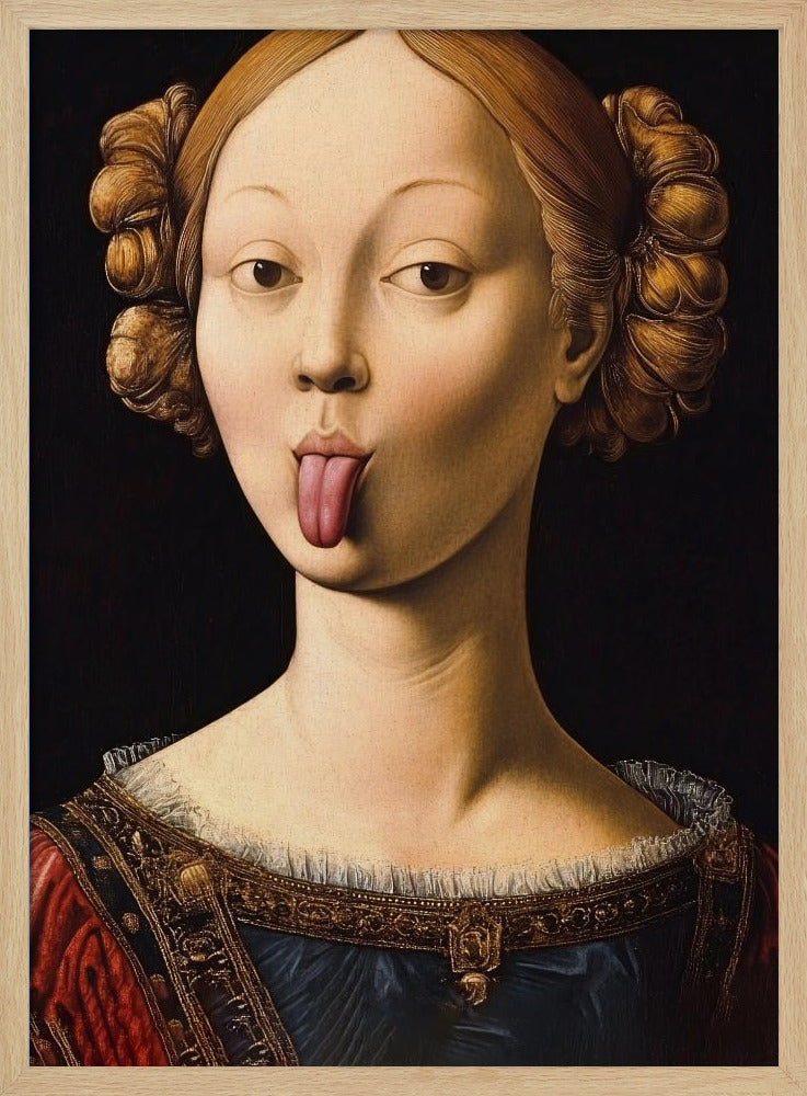 A Renaissance-style portrait of a woman with elaborate hair buns sticking her tongue out playfully. She wears a formal red and blue gown with gold trim against a stark black background. Poster