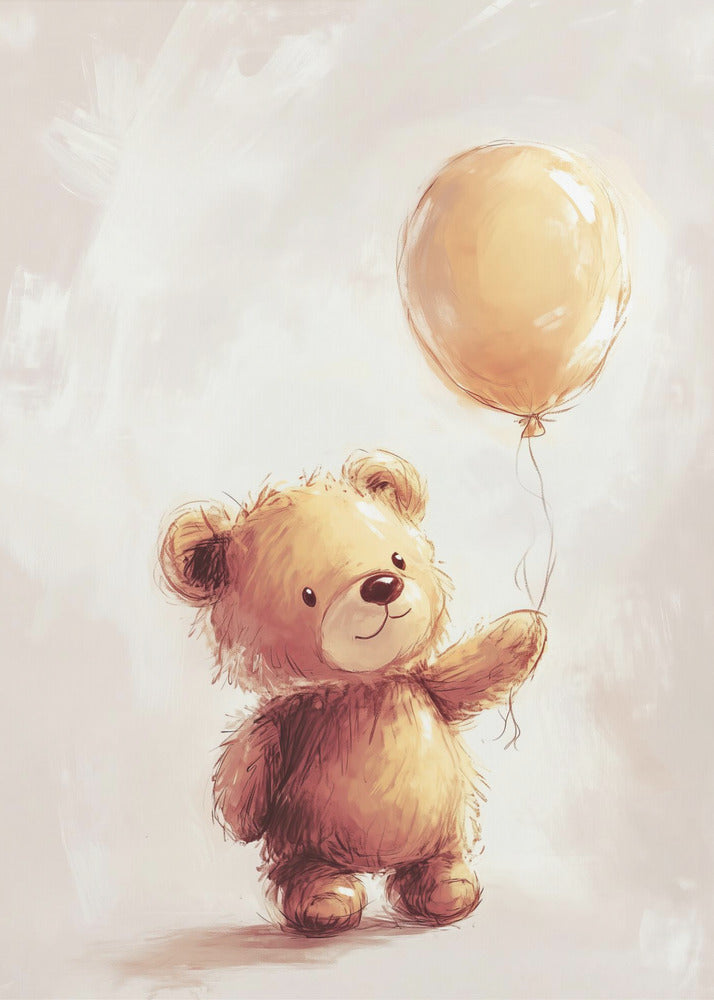 A charming watercolor-style illustration of a fluffy brown teddy bear standing and holding the string of a single yellow balloon against a soft, light beige background. Artwork