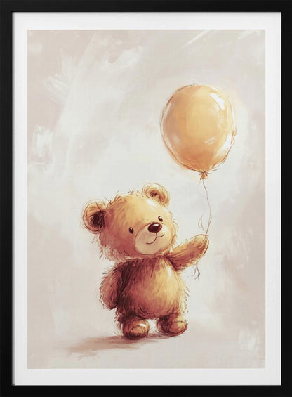 A charming watercolor-style illustration of a fluffy brown teddy bear standing and holding the string of a single yellow balloon against a soft, light beige background. Artwork