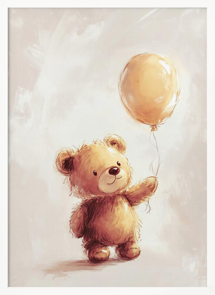A charming watercolor-style illustration of a fluffy brown teddy bear standing and holding the string of a single yellow balloon against a soft, light beige background. Artwork