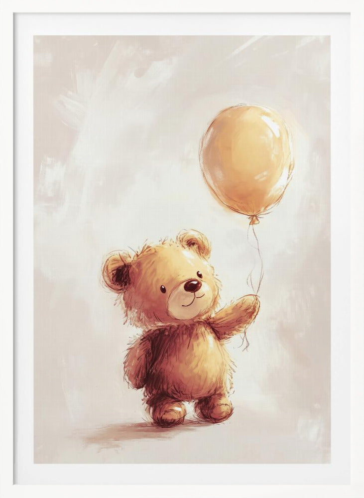 A charming watercolor-style illustration of a fluffy brown teddy bear standing and holding the string of a single yellow balloon against a soft, light beige background. Artwork