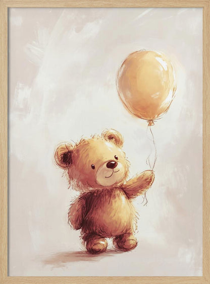 A charming watercolor-style illustration of a fluffy brown teddy bear standing and holding the string of a single yellow balloon against a soft, light beige background. Artwork