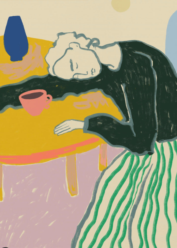 A colorful illustration of a person with light-colored hair wearing a dark shirt and a green striped skirt, resting their head on a bright yellow table. A pink cup and a blue vase are also on the table against a multi-colored background. Print