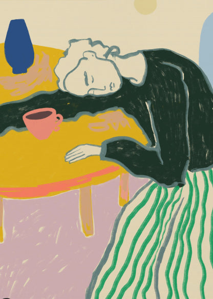 A colorful illustration of a person with light-colored hair wearing a dark shirt and a green striped skirt, resting their head on a bright yellow table. A pink cup and a blue vase are also on the table against a multi-colored background. Print