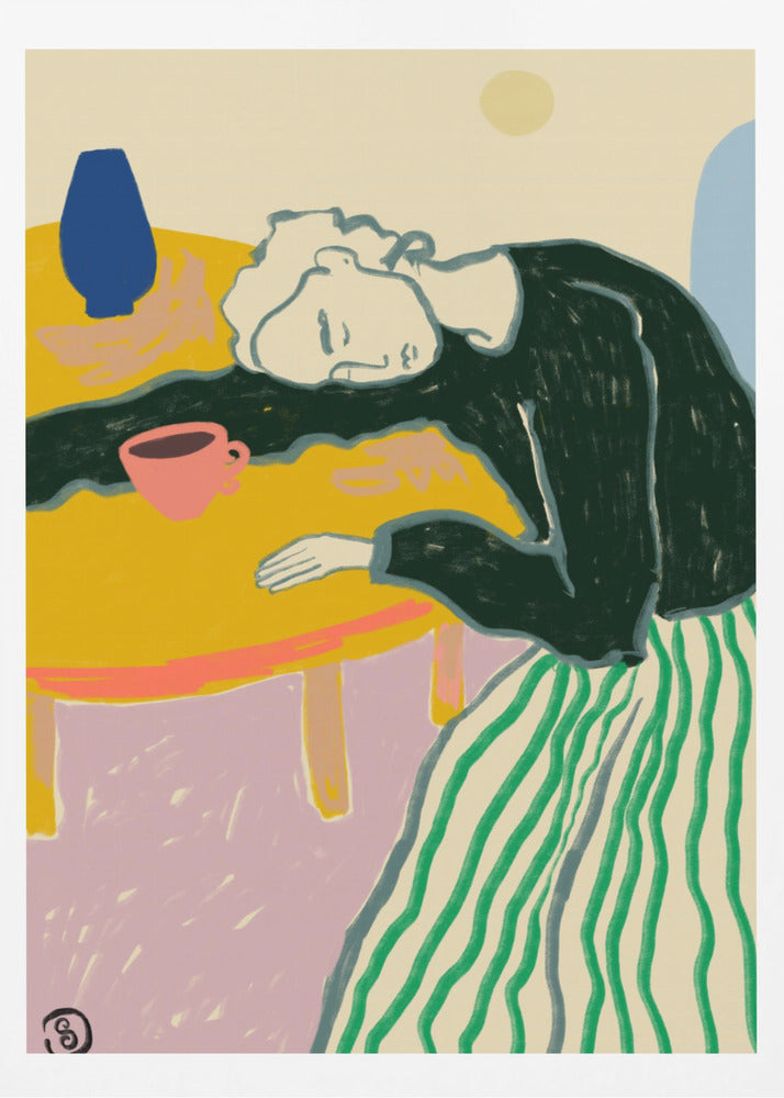 A colorful illustration of a person with light-colored hair wearing a dark shirt and a green striped skirt, resting their head on a bright yellow table. A pink cup and a blue vase are also on the table against a multi-colored background. Print