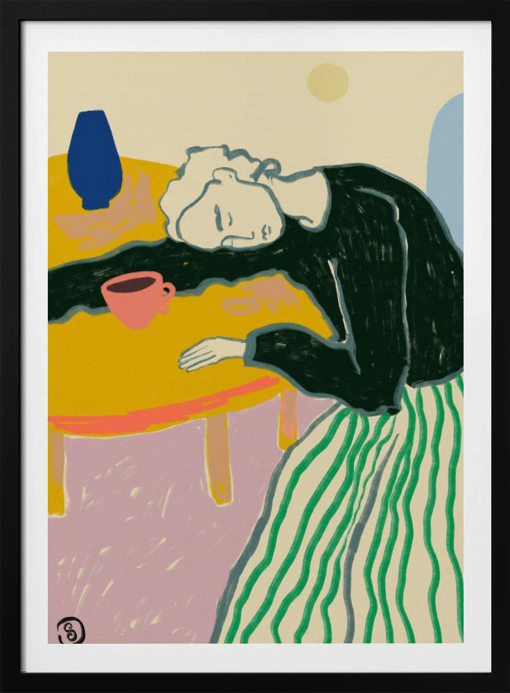 A colorful illustration of a person with light-colored hair wearing a dark shirt and a green striped skirt, resting their head on a bright yellow table. A pink cup and a blue vase are also on the table against a multi-colored background. Print
