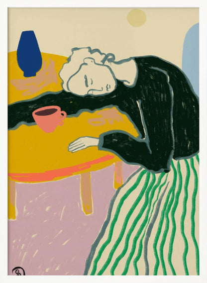 A colorful illustration of a person with light-colored hair wearing a dark shirt and a green striped skirt, resting their head on a bright yellow table. A pink cup and a blue vase are also on the table against a multi-colored background. Print