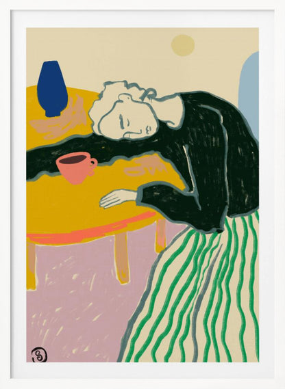 A colorful illustration of a person with light-colored hair wearing a dark shirt and a green striped skirt, resting their head on a bright yellow table. A pink cup and a blue vase are also on the table against a multi-colored background. Print