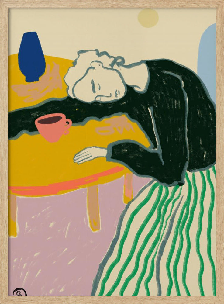 A colorful illustration of a person with light-colored hair wearing a dark shirt and a green striped skirt, resting their head on a bright yellow table. A pink cup and a blue vase are also on the table against a multi-colored background. Print