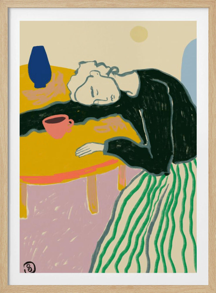 A colorful illustration of a person with light-colored hair wearing a dark shirt and a green striped skirt, resting their head on a bright yellow table. A pink cup and a blue vase are also on the table against a multi-colored background. Print