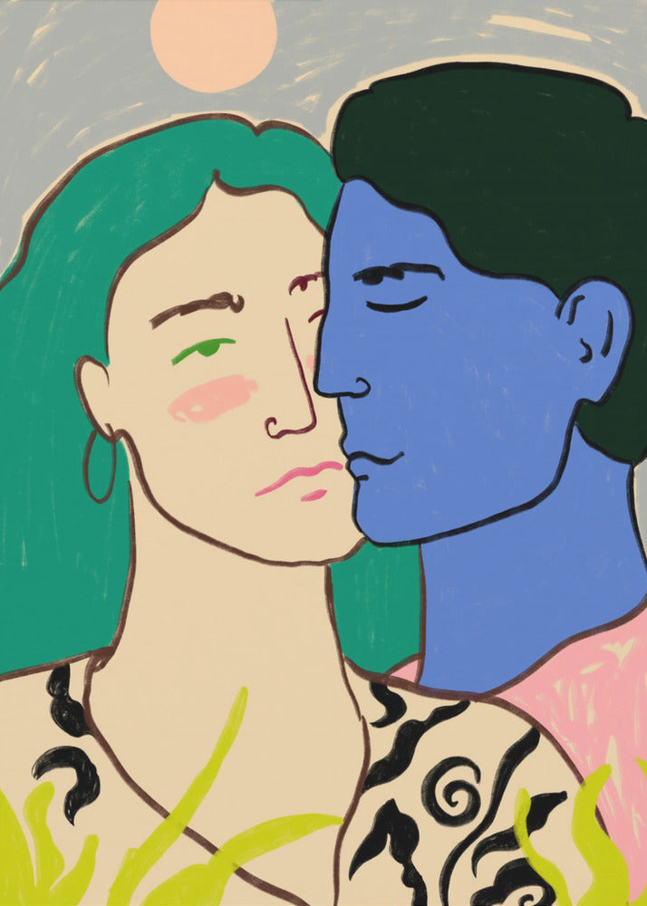 A modern art painting of a couple in an embrace. A woman with long green hair looks forward with a pensive expression, while a man with blue skin and dark hair leans in to kiss her cheek. The background is a soft blue with a pale pink sun, and green foliage is in the foreground. Artwork