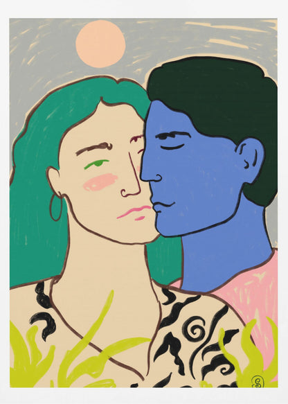 A modern art painting of a couple in an embrace. A woman with long green hair looks forward with a pensive expression, while a man with blue skin and dark hair leans in to kiss her cheek. The background is a soft blue with a pale pink sun, and green foliage is in the foreground. Artwork