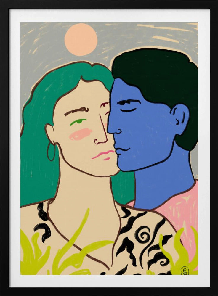 A modern art painting of a couple in an embrace. A woman with long green hair looks forward with a pensive expression, while a man with blue skin and dark hair leans in to kiss her cheek. The background is a soft blue with a pale pink sun, and green foliage is in the foreground. Artwork