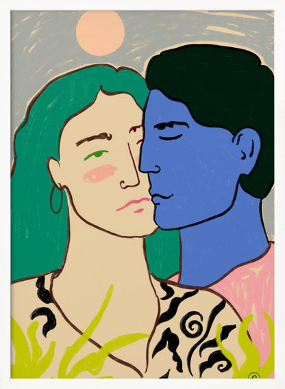A modern art painting of a couple in an embrace. A woman with long green hair looks forward with a pensive expression, while a man with blue skin and dark hair leans in to kiss her cheek. The background is a soft blue with a pale pink sun, and green foliage is in the foreground. Artwork