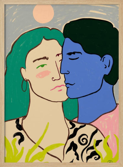 A modern art painting of a couple in an embrace. A woman with long green hair looks forward with a pensive expression, while a man with blue skin and dark hair leans in to kiss her cheek. The background is a soft blue with a pale pink sun, and green foliage is in the foreground. Artwork