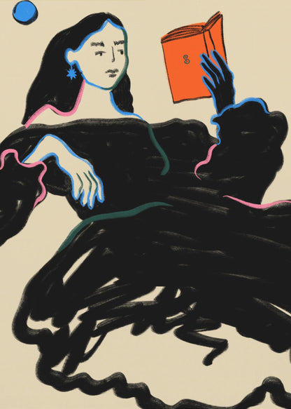 A stylized illustration of a woman with long black hair wearing a voluminous black dress, outlined in blue and pink. She is reclining while reading a bright orange book, set against a cream-colored background with a blue circle in the corner. Print
