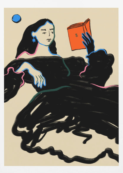 A stylized illustration of a woman with long black hair wearing a voluminous black dress, outlined in blue and pink. She is reclining while reading a bright orange book, set against a cream-colored background with a blue circle in the corner. Print