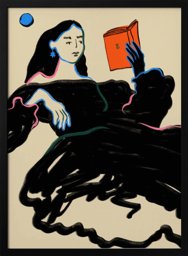 A stylized illustration of a woman with long black hair wearing a voluminous black dress, outlined in blue and pink. She is reclining while reading a bright orange book, set against a cream-colored background with a blue circle in the corner. Print