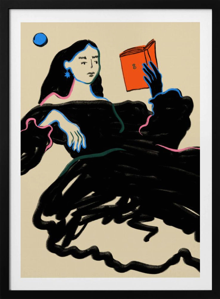 A stylized illustration of a woman with long black hair wearing a voluminous black dress, outlined in blue and pink. She is reclining while reading a bright orange book, set against a cream-colored background with a blue circle in the corner. Print