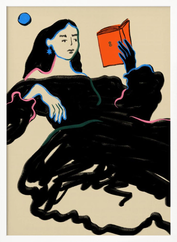 A stylized illustration of a woman with long black hair wearing a voluminous black dress, outlined in blue and pink. She is reclining while reading a bright orange book, set against a cream-colored background with a blue circle in the corner. Print