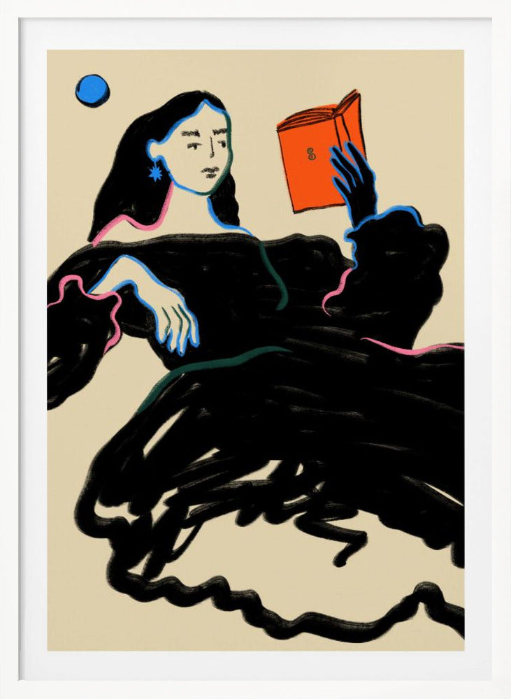 A stylized illustration of a woman with long black hair wearing a voluminous black dress, outlined in blue and pink. She is reclining while reading a bright orange book, set against a cream-colored background with a blue circle in the corner. Print