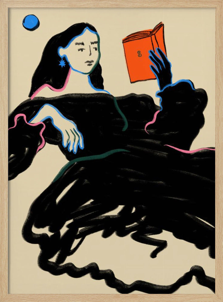 A stylized illustration of a woman with long black hair wearing a voluminous black dress, outlined in blue and pink. She is reclining while reading a bright orange book, set against a cream-colored background with a blue circle in the corner. Print