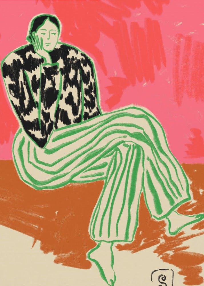 A colorful, stylized illustration of a person sitting in a relaxed, thoughtful pose with their head resting on their hand. They are wearing a black and white cow-patterned shirt and loose green-and-white striped pants. The background is a vibrant abstract blend of pink and red. Artwork