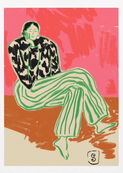 A colorful, stylized illustration of a person sitting in a relaxed, thoughtful pose with their head resting on their hand. They are wearing a black and white cow-patterned shirt and loose green-and-white striped pants. The background is a vibrant abstract blend of pink and red. Artwork