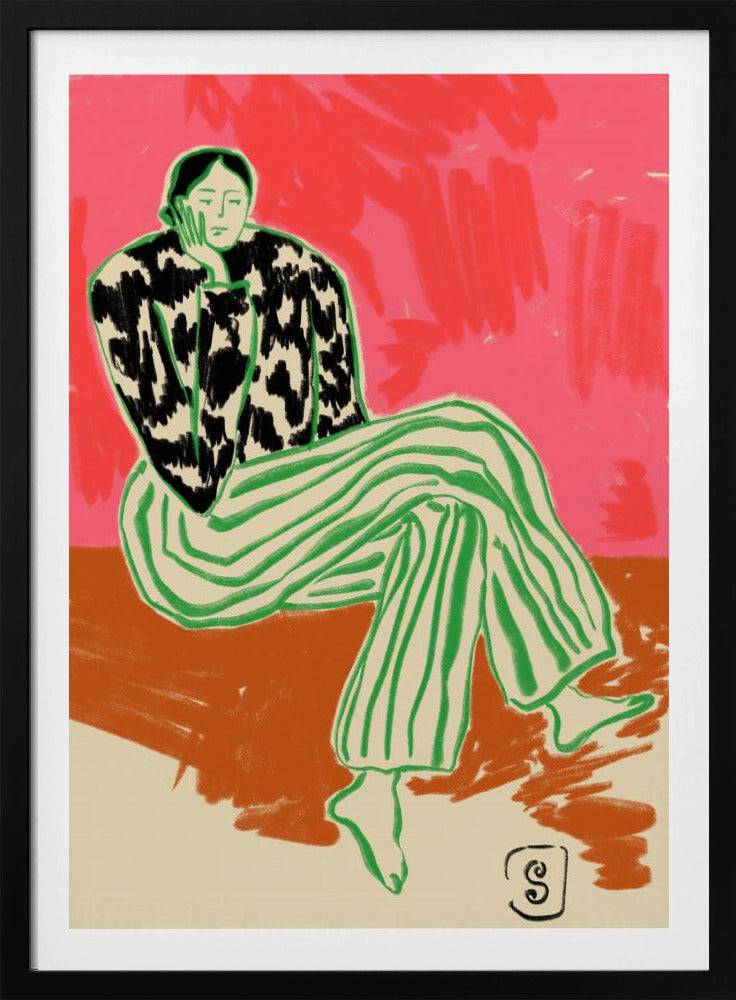 A colorful, stylized illustration of a person sitting in a relaxed, thoughtful pose with their head resting on their hand. They are wearing a black and white cow-patterned shirt and loose green-and-white striped pants. The background is a vibrant abstract blend of pink and red. Artwork