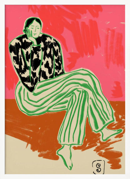 A colorful, stylized illustration of a person sitting in a relaxed, thoughtful pose with their head resting on their hand. They are wearing a black and white cow-patterned shirt and loose green-and-white striped pants. The background is a vibrant abstract blend of pink and red. Artwork