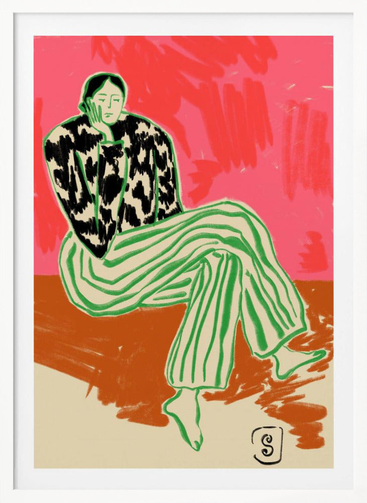 A colorful, stylized illustration of a person sitting in a relaxed, thoughtful pose with their head resting on their hand. They are wearing a black and white cow-patterned shirt and loose green-and-white striped pants. The background is a vibrant abstract blend of pink and red. Artwork