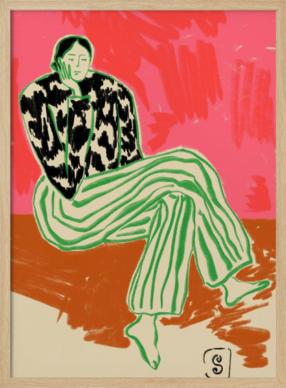 A colorful, stylized illustration of a person sitting in a relaxed, thoughtful pose with their head resting on their hand. They are wearing a black and white cow-patterned shirt and loose green-and-white striped pants. The background is a vibrant abstract blend of pink and red. Artwork