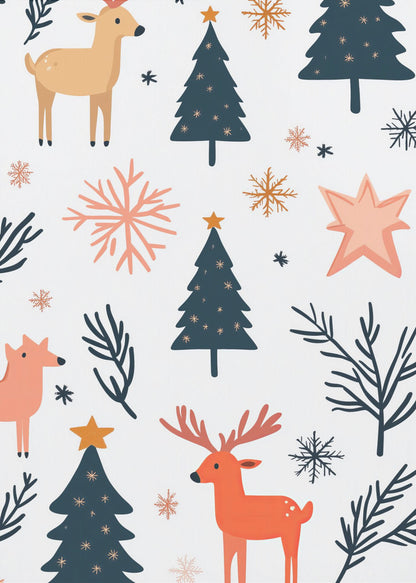 A festive holiday pattern on a white background featuring stylized illustrations of dark teal Christmas trees, orange and beige reindeer, and snowflakes in shades of orange and teal. Decor