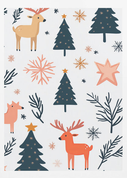 A festive holiday pattern on a white background featuring stylized illustrations of dark teal Christmas trees, orange and beige reindeer, and snowflakes in shades of orange and teal. Decor