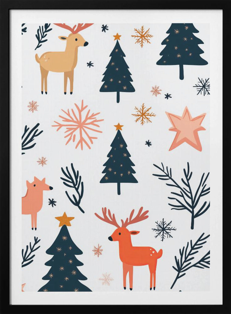 A festive holiday pattern on a white background featuring stylized illustrations of dark teal Christmas trees, orange and beige reindeer, and snowflakes in shades of orange and teal. Decor