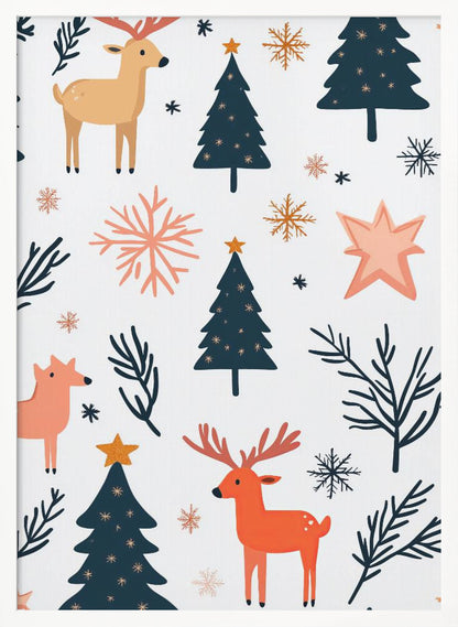 A festive holiday pattern on a white background featuring stylized illustrations of dark teal Christmas trees, orange and beige reindeer, and snowflakes in shades of orange and teal. Decor