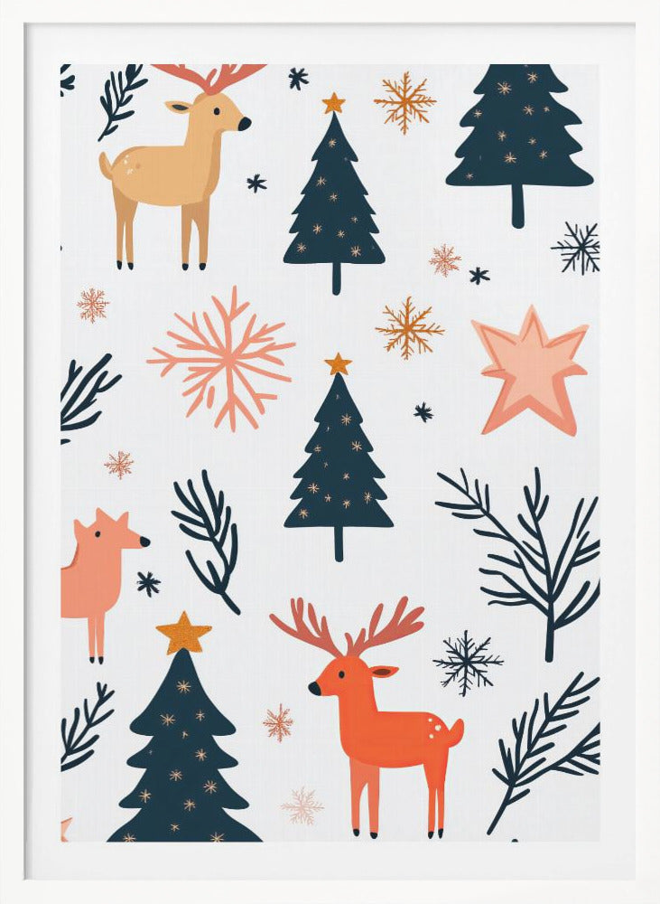 A festive holiday pattern on a white background featuring stylized illustrations of dark teal Christmas trees, orange and beige reindeer, and snowflakes in shades of orange and teal. Decor