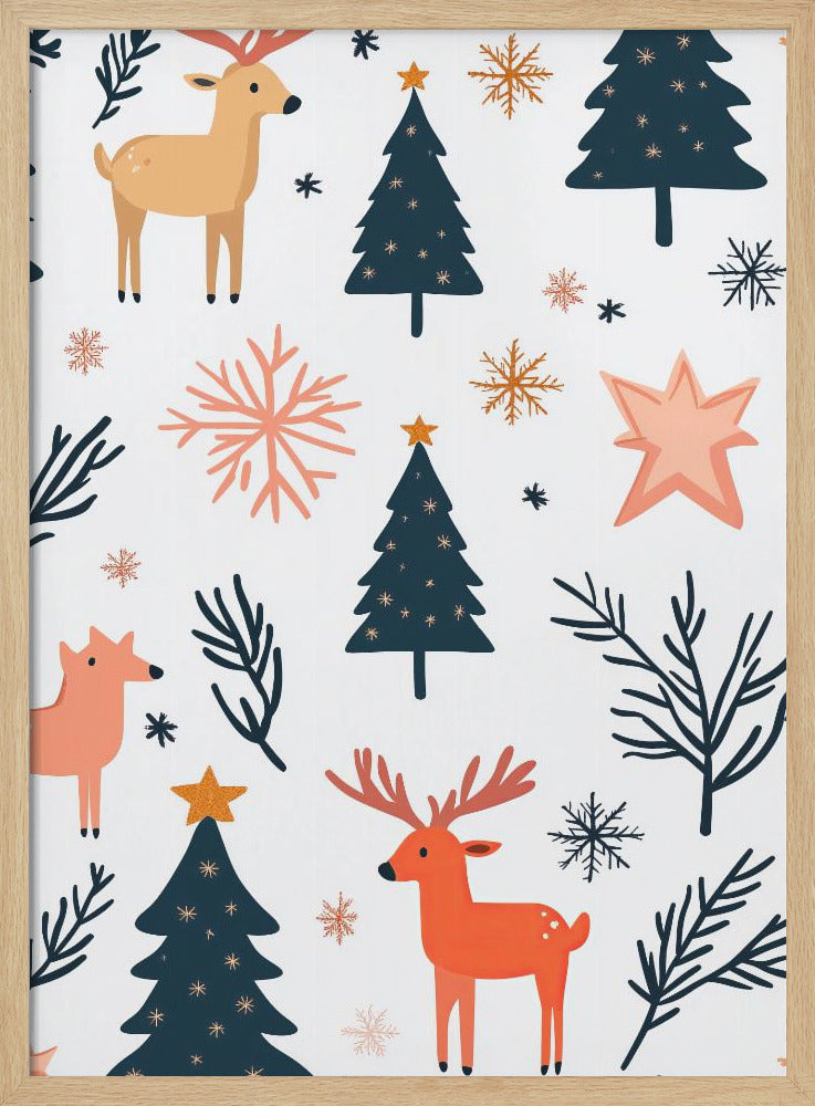 A festive holiday pattern on a white background featuring stylized illustrations of dark teal Christmas trees, orange and beige reindeer, and snowflakes in shades of orange and teal. Decor