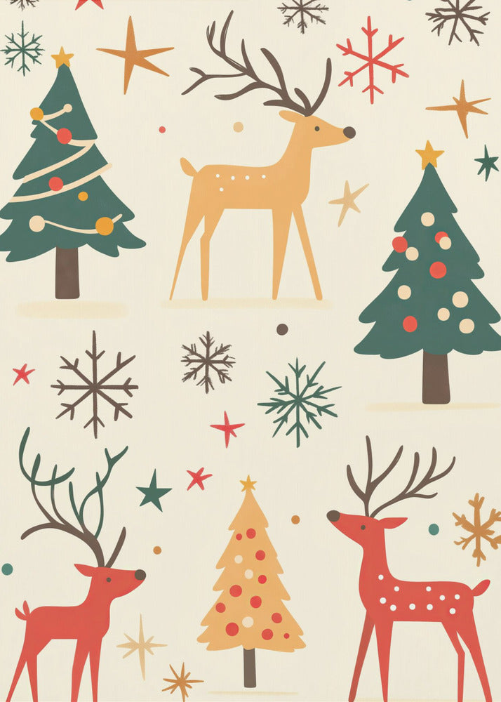 A retro-style holiday illustration featuring stylized red and tan reindeer, green and yellow Christmas trees, and various colorful snowflakes and stars scattered across a cream background. Artwork