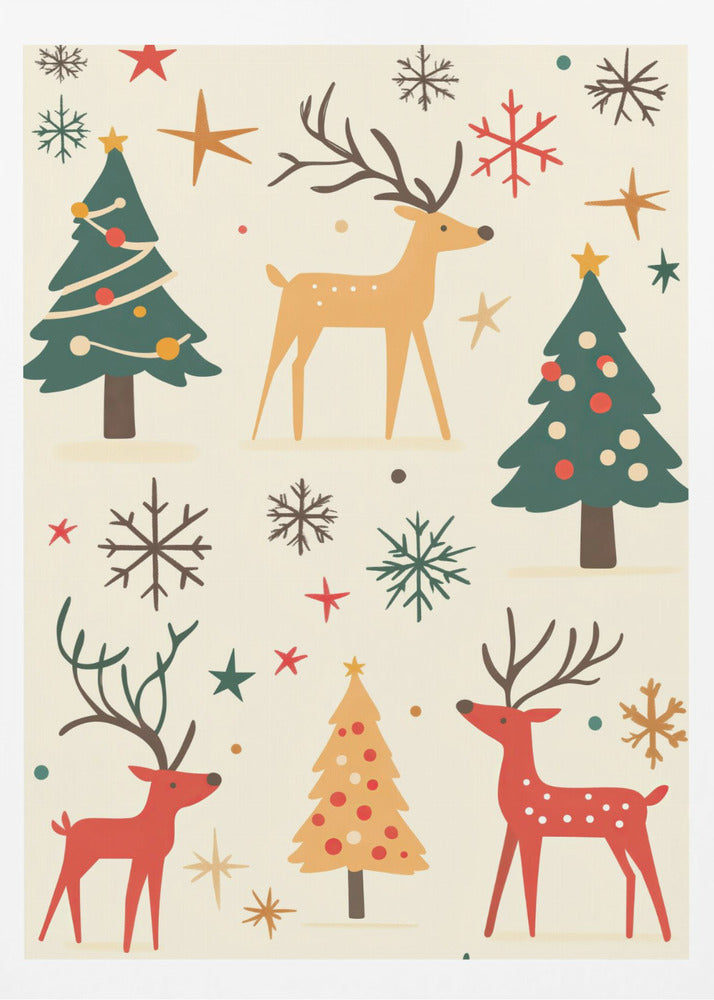 A retro-style holiday illustration featuring stylized red and tan reindeer, green and yellow Christmas trees, and various colorful snowflakes and stars scattered across a cream background. Artwork