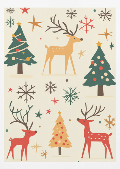 A retro-style holiday illustration featuring stylized red and tan reindeer, green and yellow Christmas trees, and various colorful snowflakes and stars scattered across a cream background. Artwork