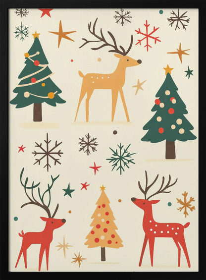 A retro-style holiday illustration featuring stylized red and tan reindeer, green and yellow Christmas trees, and various colorful snowflakes and stars scattered across a cream background. Artwork
