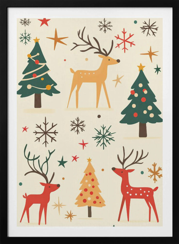 A retro-style holiday illustration featuring stylized red and tan reindeer, green and yellow Christmas trees, and various colorful snowflakes and stars scattered across a cream background. Artwork