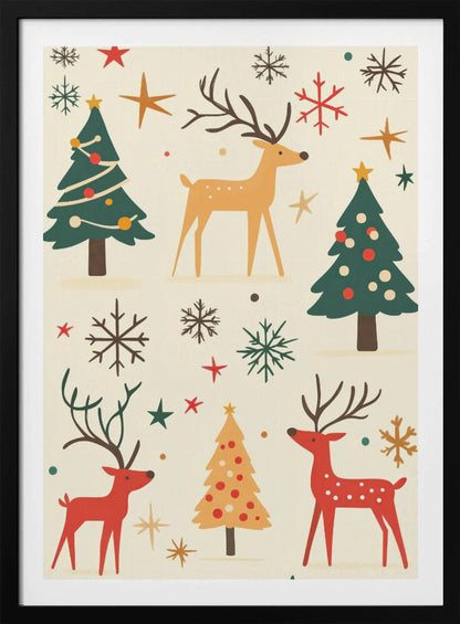A retro-style holiday illustration featuring stylized red and tan reindeer, green and yellow Christmas trees, and various colorful snowflakes and stars scattered across a cream background. Artwork