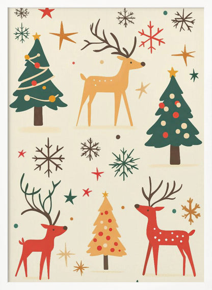 A retro-style holiday illustration featuring stylized red and tan reindeer, green and yellow Christmas trees, and various colorful snowflakes and stars scattered across a cream background. Artwork